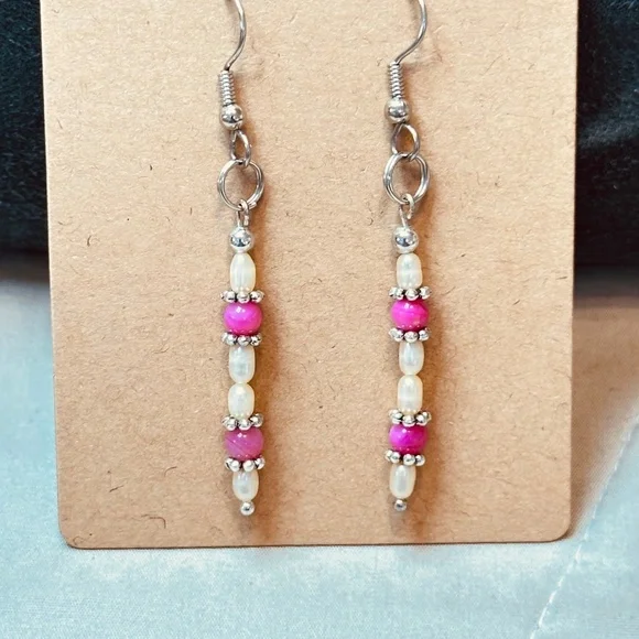 Stainless Steel Dangle Earrings Freshwater Pearls & Crackle Quartz Hand Made - Picture 3 of 11